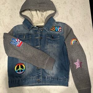 Vigoss Kids Hooded Denim Jacket with Gray Sleeves and Patches